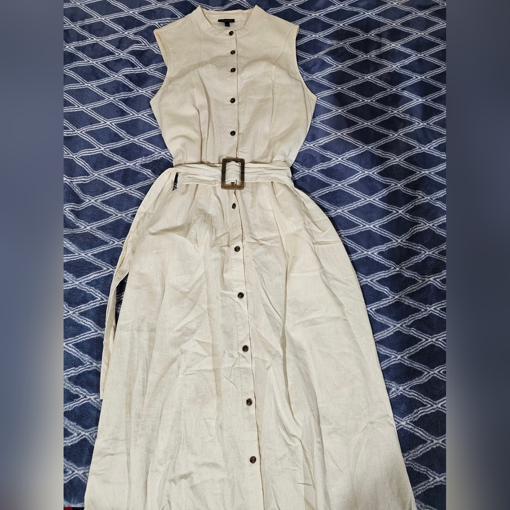 Cream Button-Up Dress with Belt